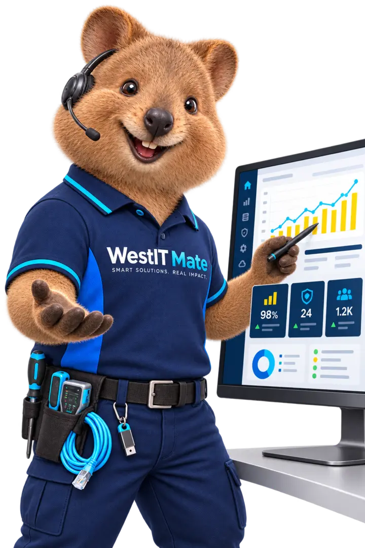 WestIT Mate mascot presenting a business technology report
