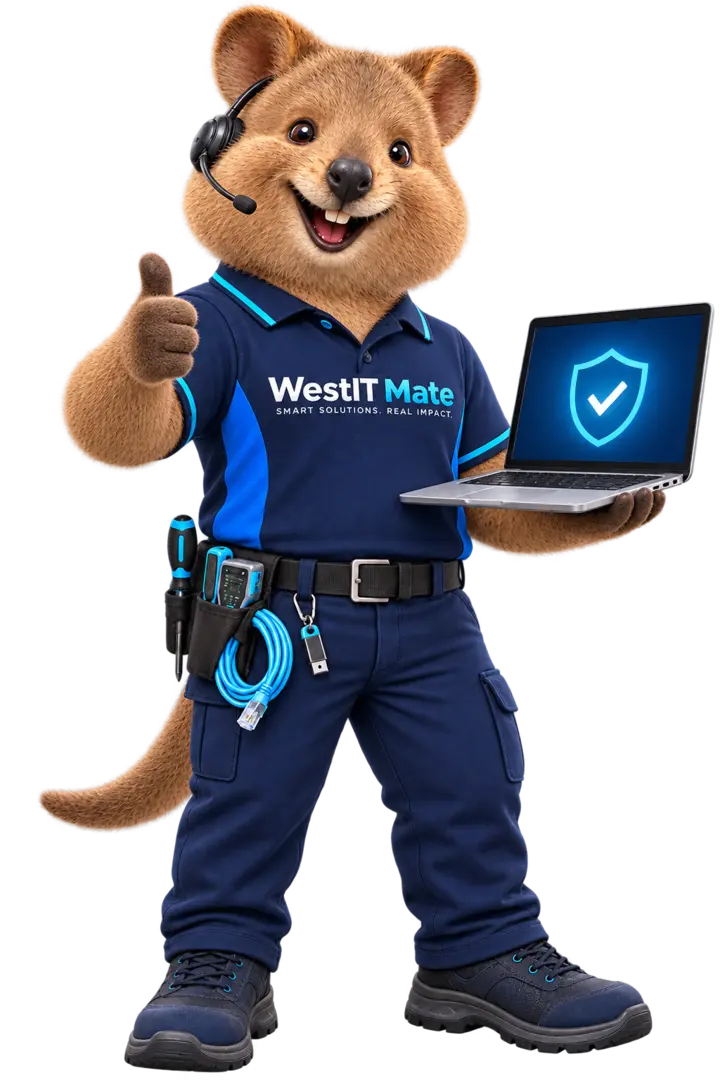 WestIT Mate mascot celebrating a secure laptop fix