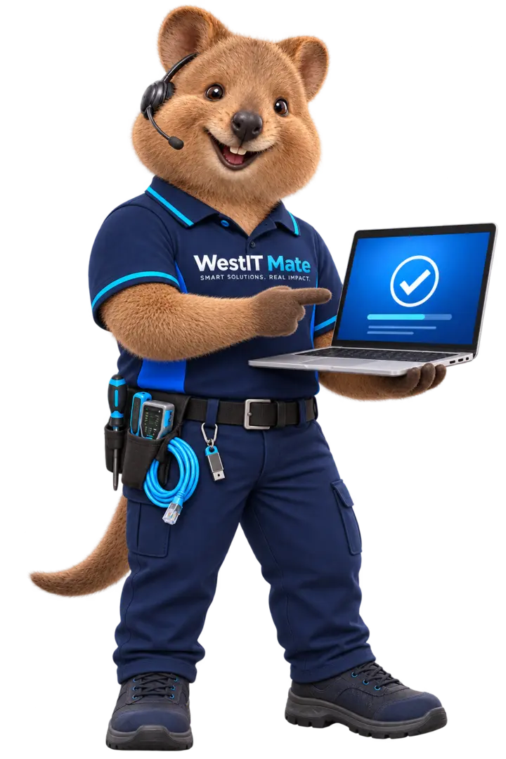 WestIT Mate mascot helping with a laptop setup