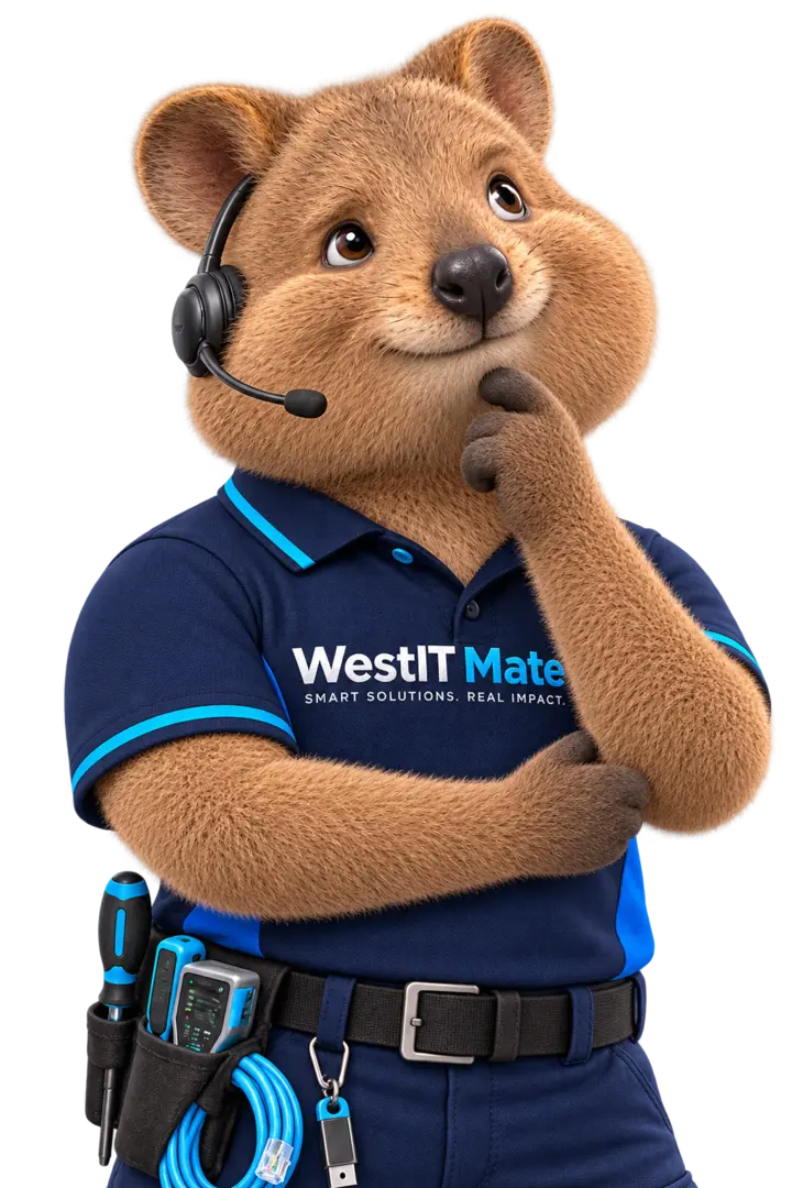 WestIT Mate mascot considering the next troubleshooting step